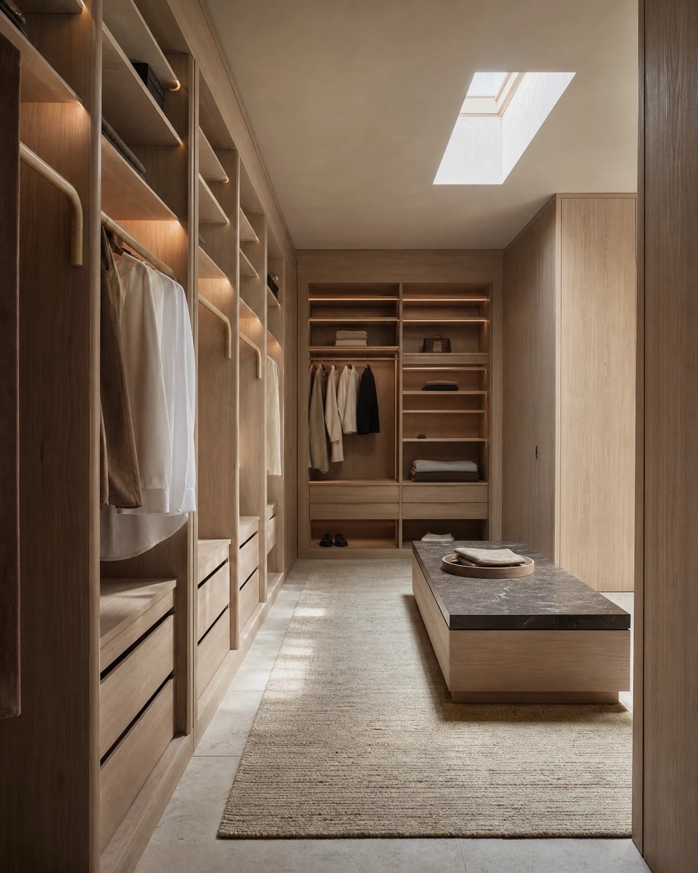 Walk-in garderobe i eik med takvindu